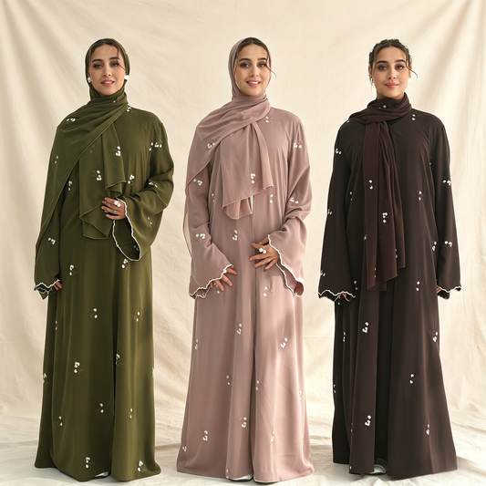 Floral embroidery cardigan abaya set with matching hijab in coffee brown - elegant 2-piece modest outfit