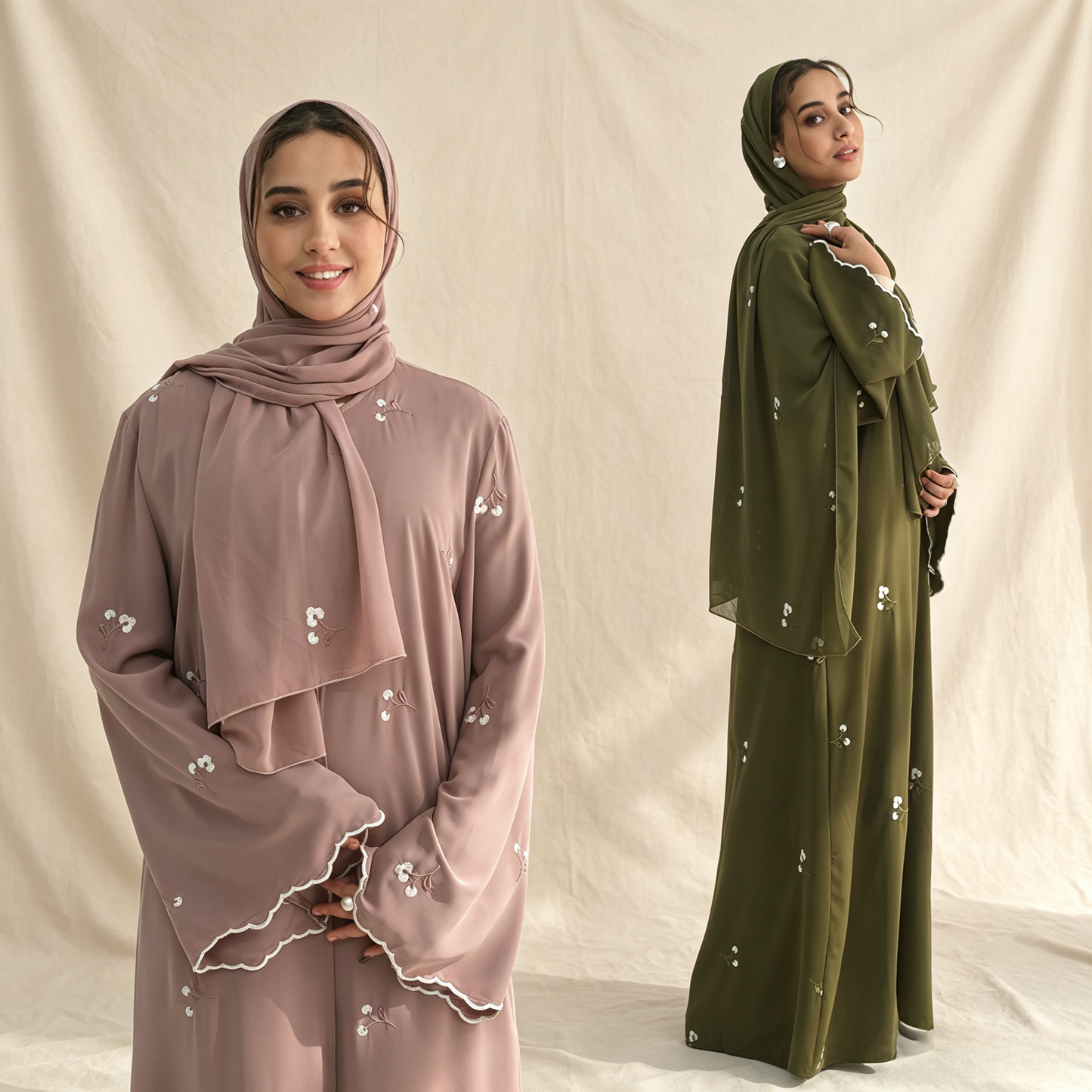 Floral Embroidery Cardigan with Hijab Set - 2 Piece Elegant Modest Outfit