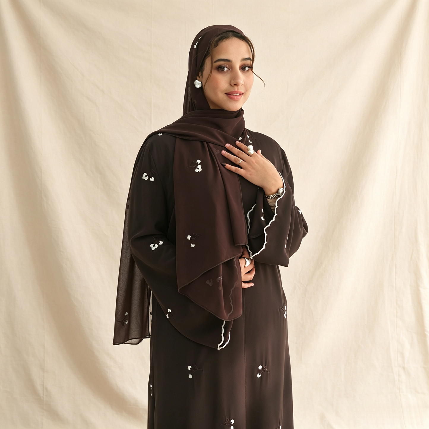 Floral Embroidery Cardigan with Hijab Set - 2 Piece Elegant Modest Outfit