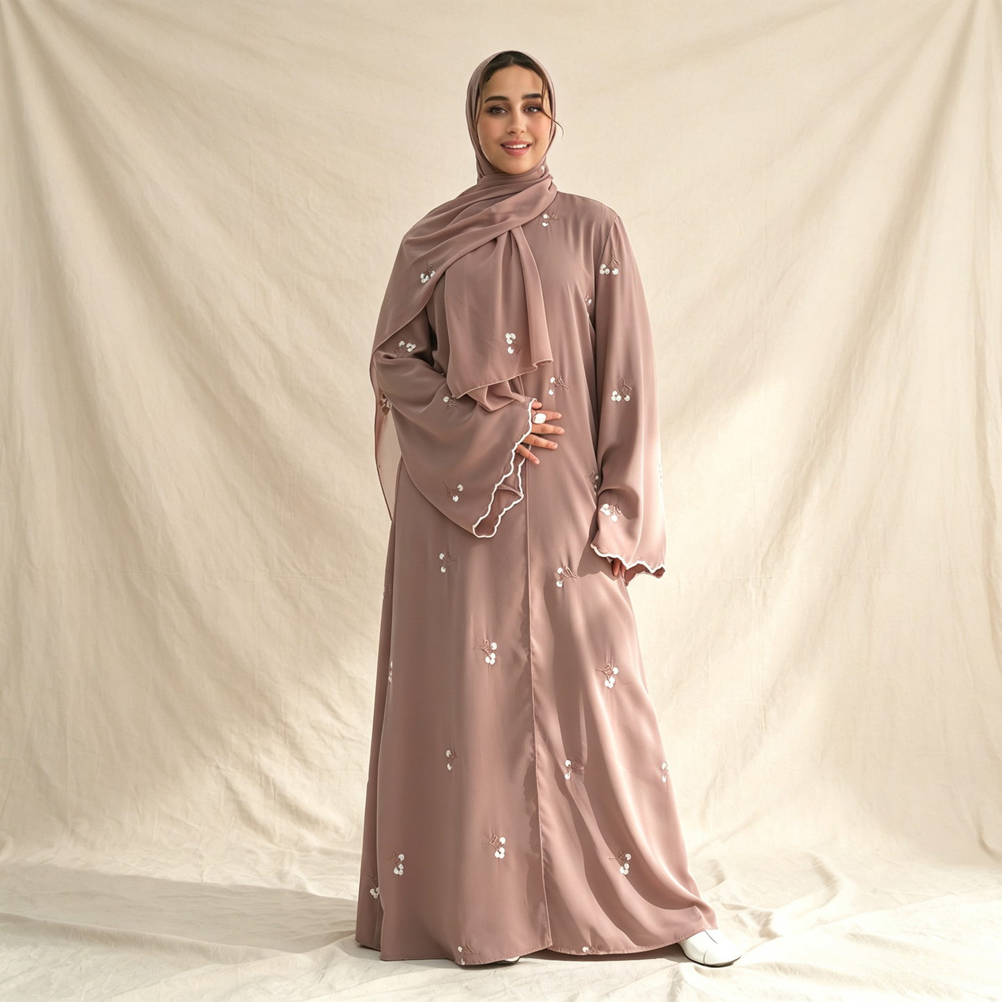 Floral Embroidery Cardigan with Hijab Set - 2 Piece Elegant Modest Outfit
