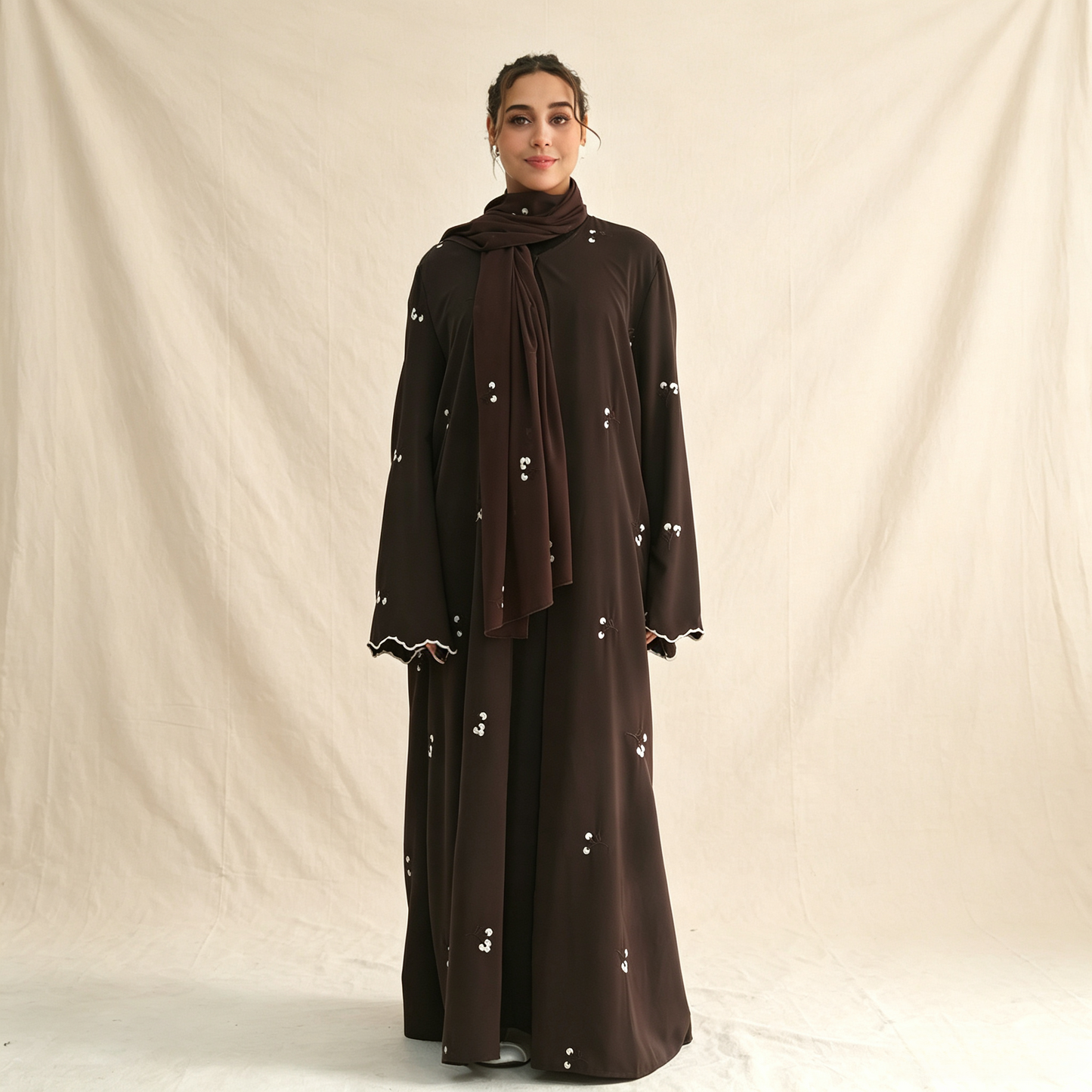 Floral Embroidery Cardigan with Hijab Set - 2 Piece Elegant Modest Outfit