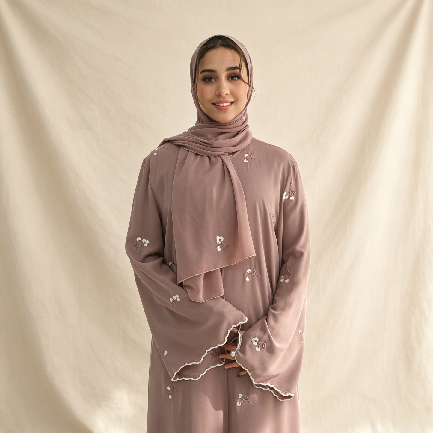 Floral Embroidery Cardigan with Hijab Set - 2 Piece Elegant Modest Outfit