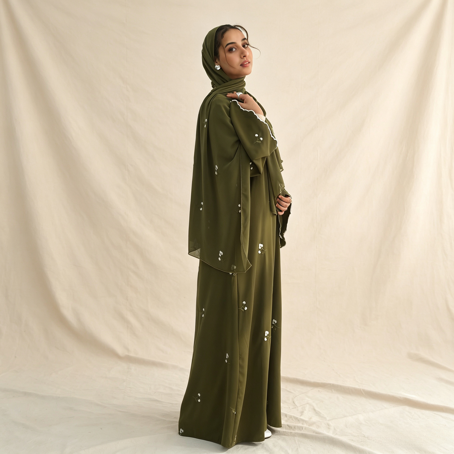 Floral Embroidery Cardigan with Hijab Set - 2 Piece Elegant Modest Outfit