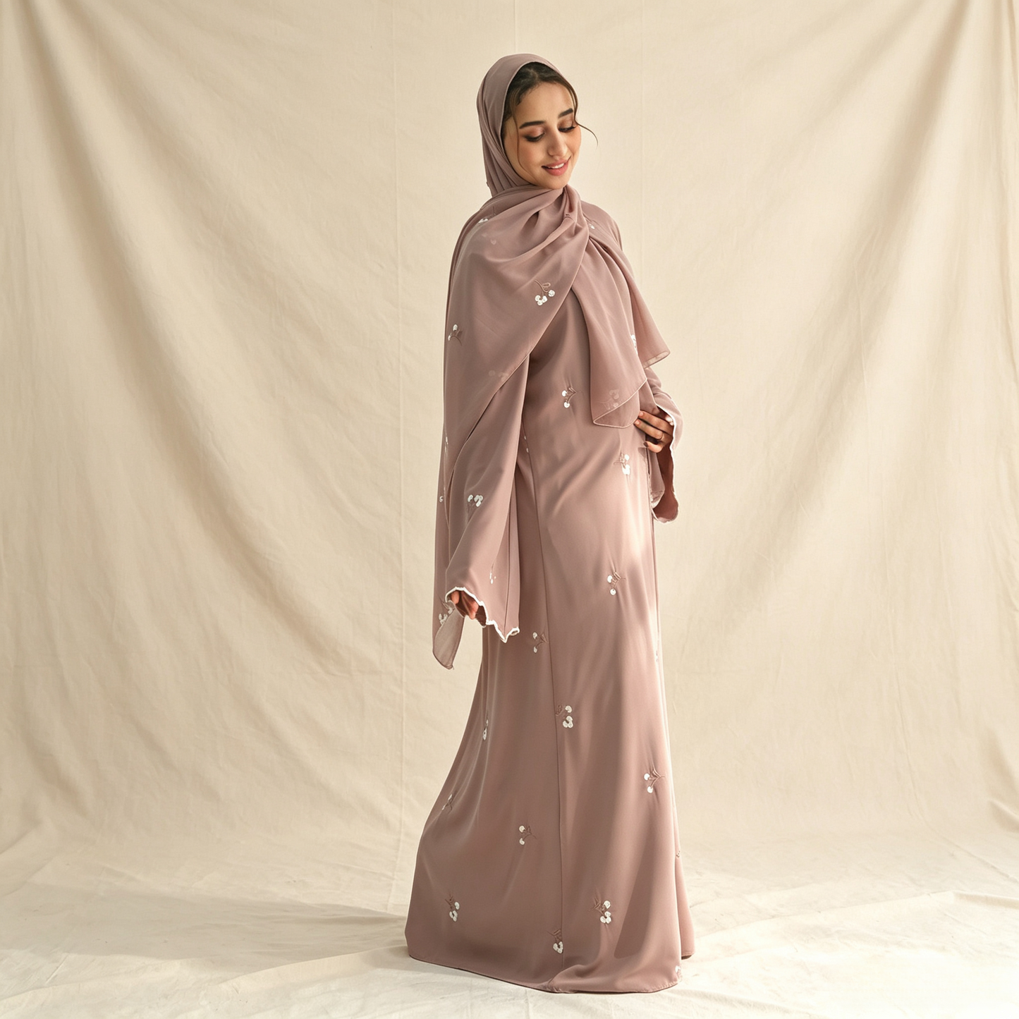 Floral Embroidery Cardigan with Hijab Set - 2 Piece Elegant Modest Outfit