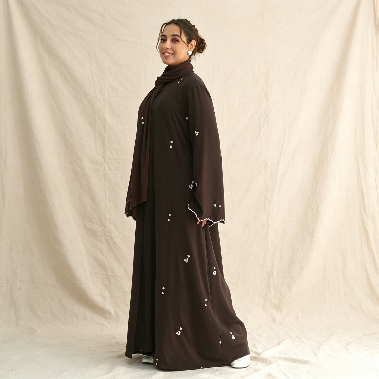 Floral Embroidery Cardigan with Hijab Set - 2 Piece Elegant Modest Outfit