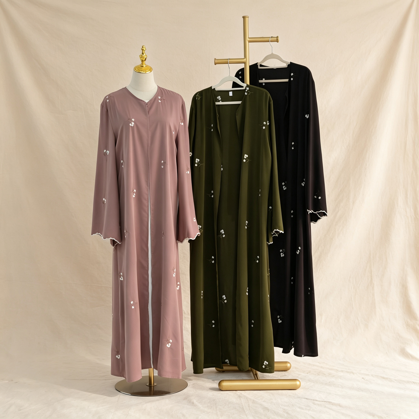 Floral Embroidery Cardigan with Hijab Set - 2 Piece Elegant Modest Outfit