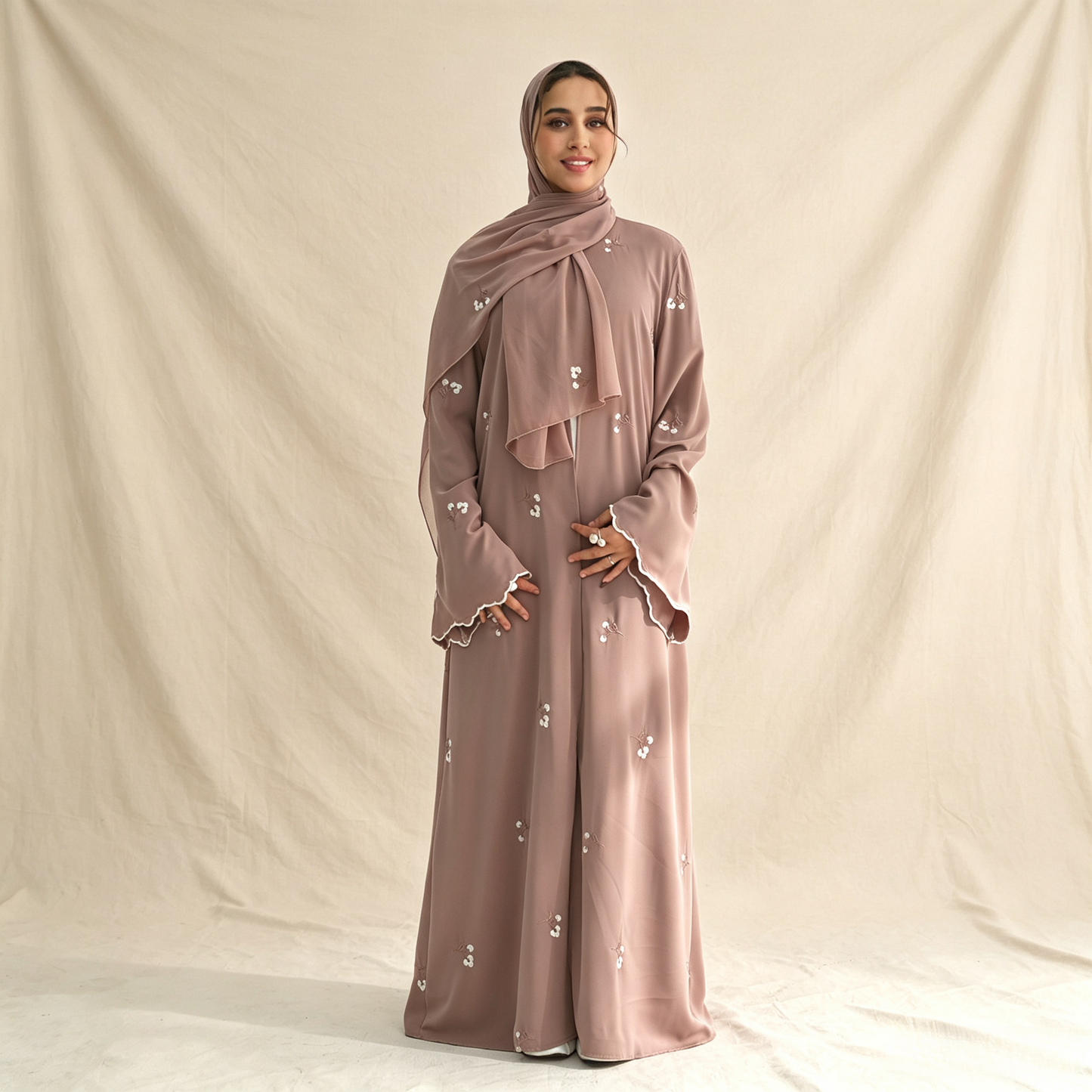 Floral Embroidery Cardigan with Hijab Set - 2 Piece Elegant Modest Outfit