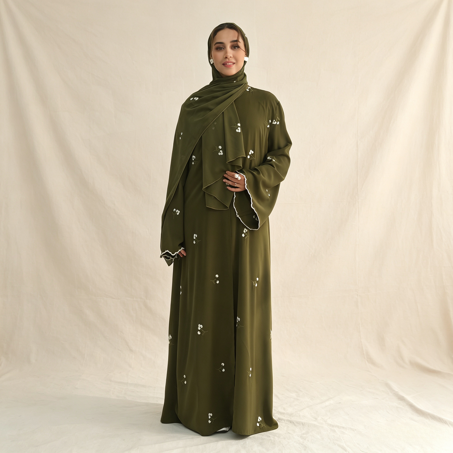 Floral Embroidery Cardigan with Hijab Set - 2 Piece Elegant Modest Outfit