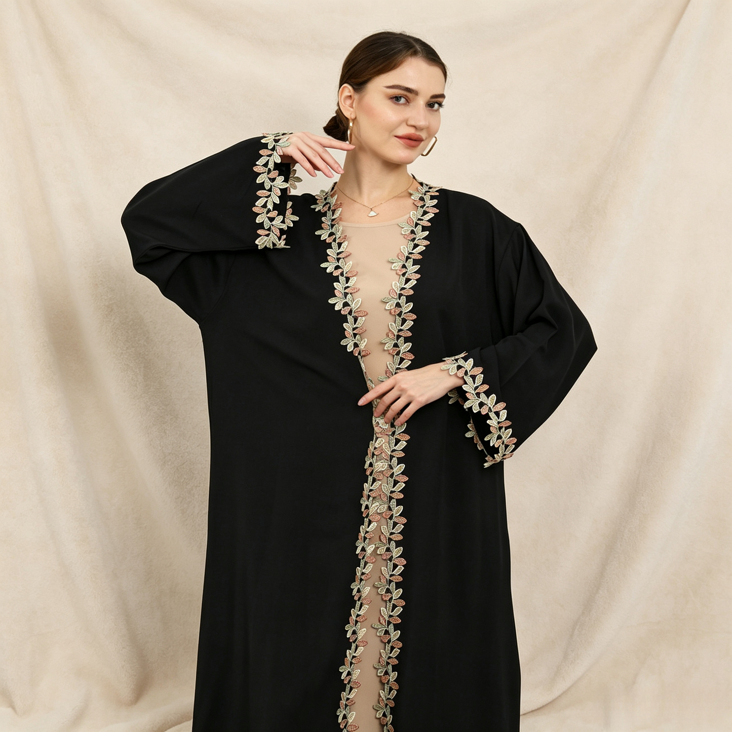 Embroidered 3-Piece Abaya Set - Outer Dress, Inner Dress & Hijab