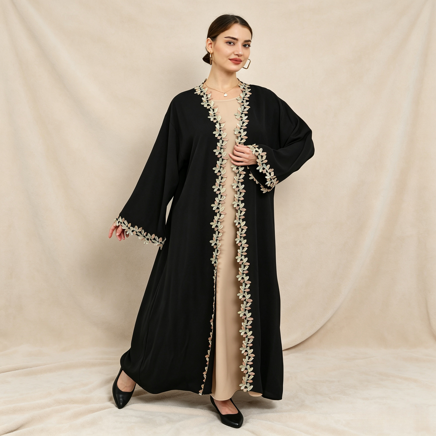 Embroidered 3-Piece Abaya Set - Outer Dress, Inner Dress & Hijab