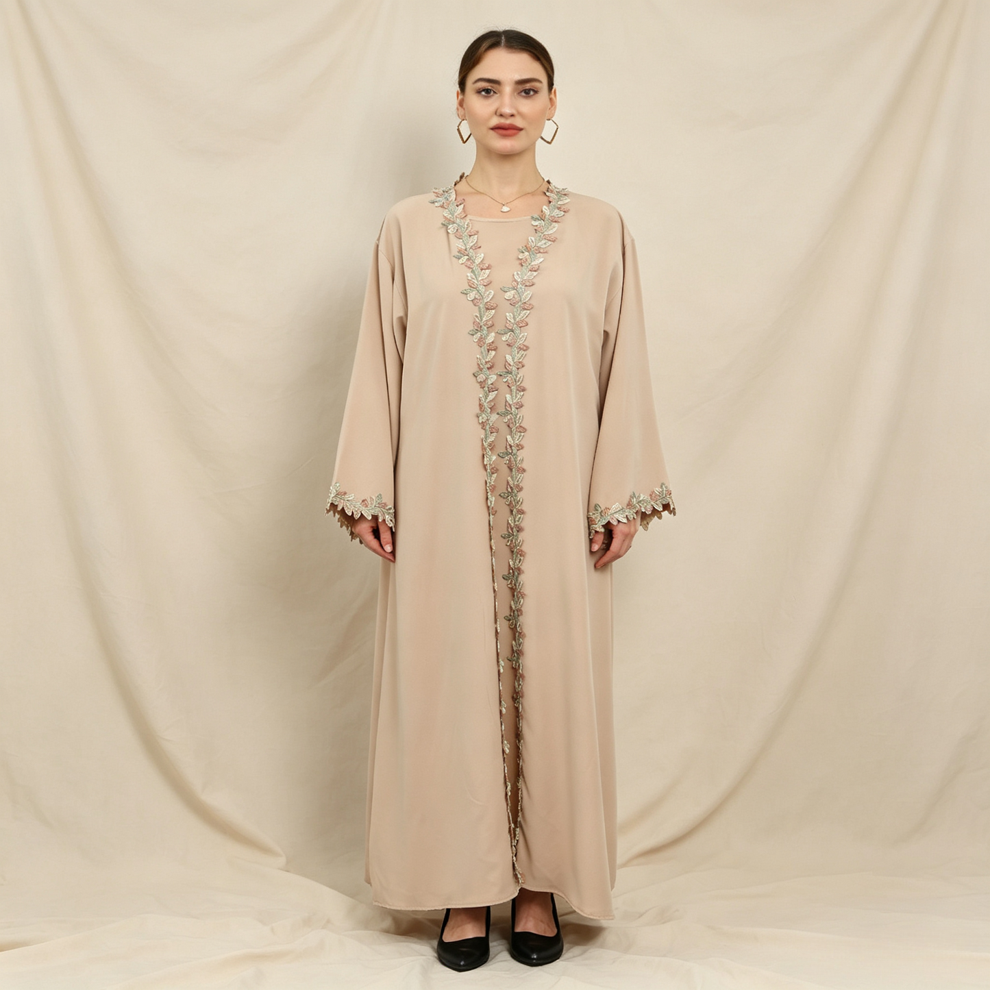 Embroidered 3-Piece Abaya Set - Outer Dress, Inner Dress & Hijab