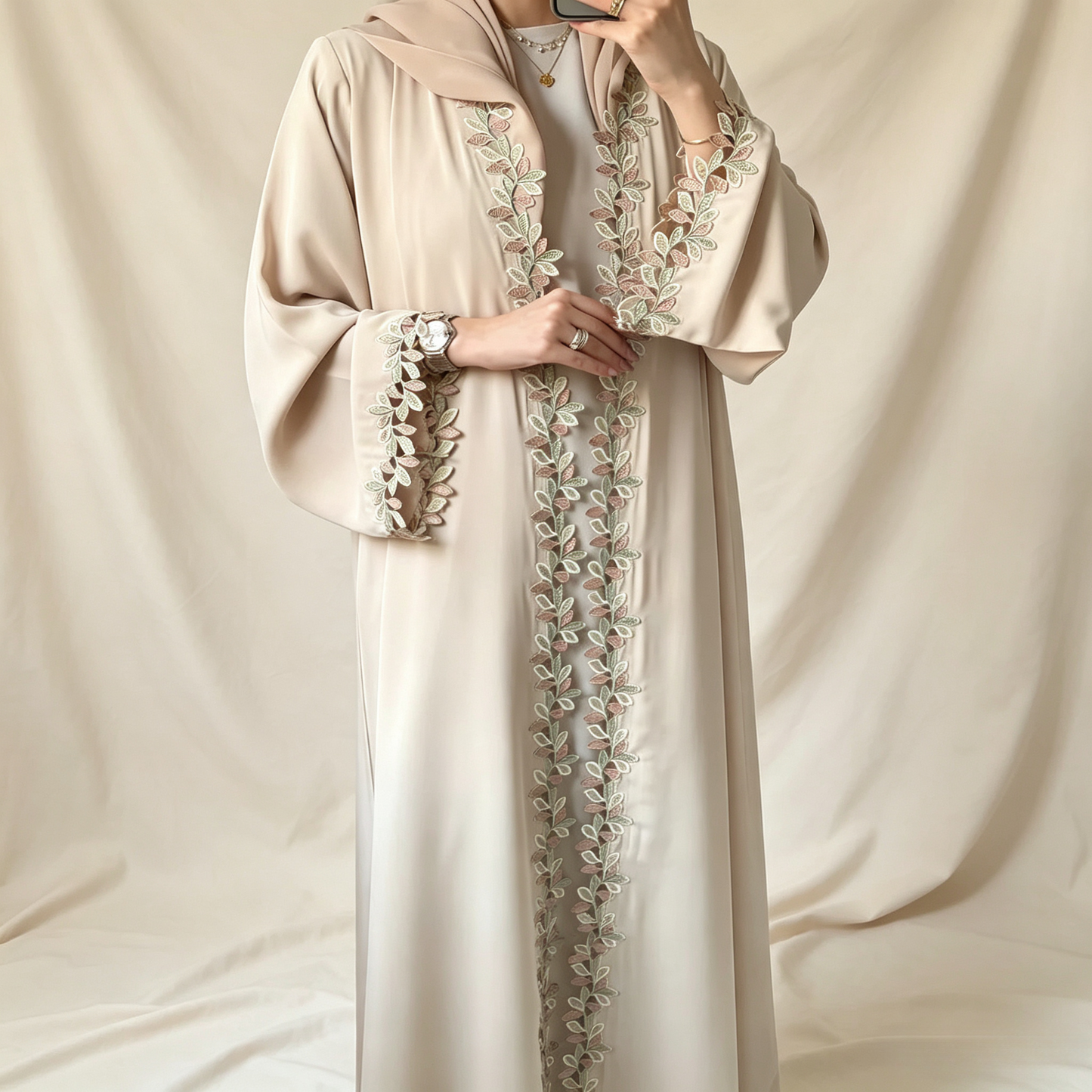 Embroidered 3-Piece Abaya Set - Outer Dress, Inner Dress & Hijab