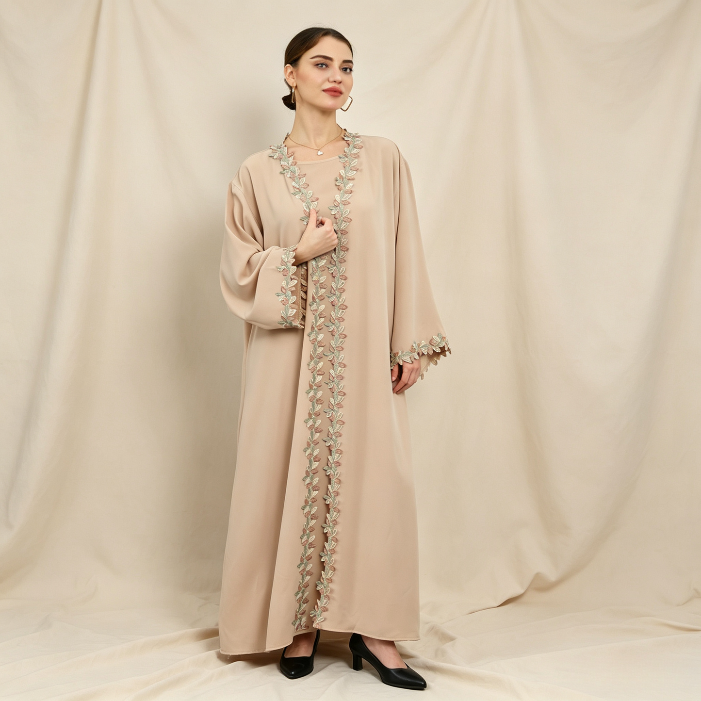 Embroidered 3-Piece Abaya Set - Outer Dress, Inner Dress & Hijab