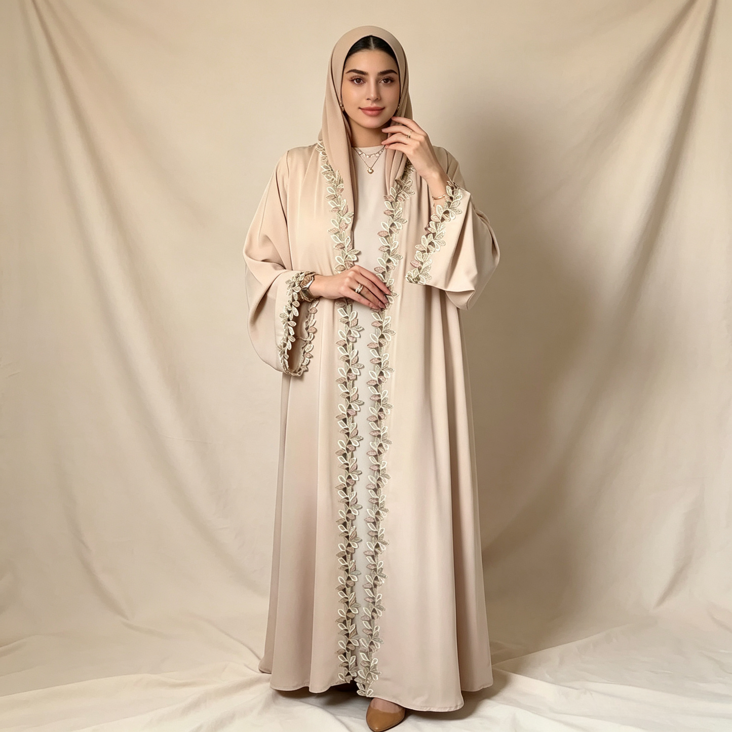 Embroidered 3-Piece Abaya Set - Outer Dress, Inner Dress & Hijab