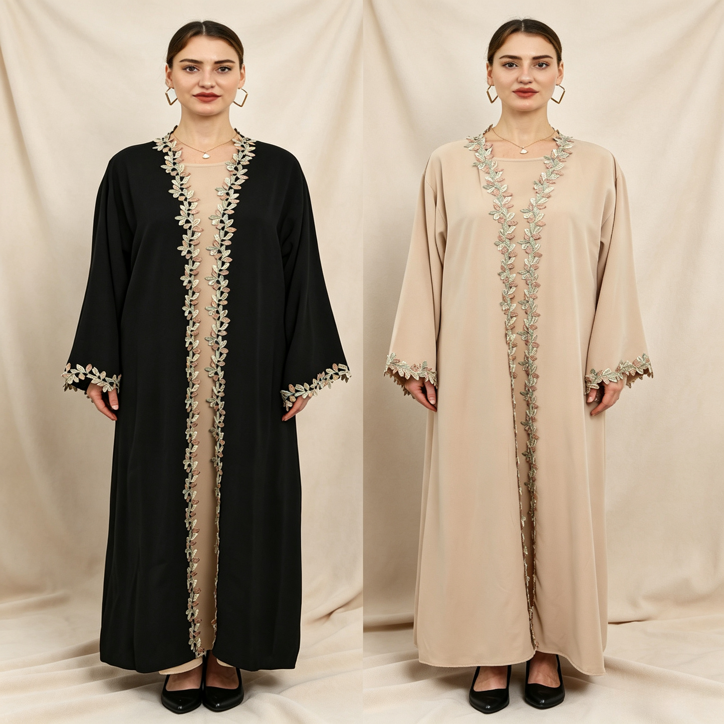 Embroidered 3-Piece Abaya Set - Outer Dress, Inner Dress & Hijab