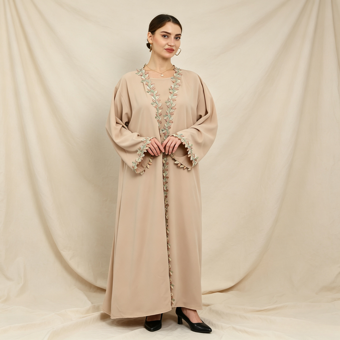 Embroidered 3-Piece Abaya Set - Outer Dress, Inner Dress & Hijab