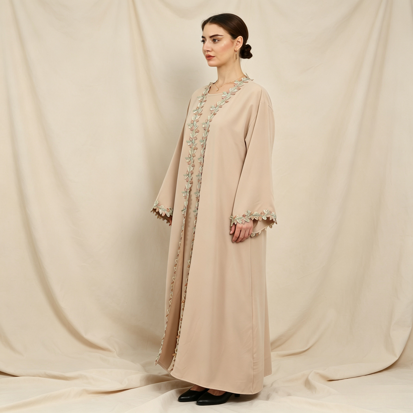 Embroidered 3-Piece Abaya Set - Outer Dress, Inner Dress & Hijab