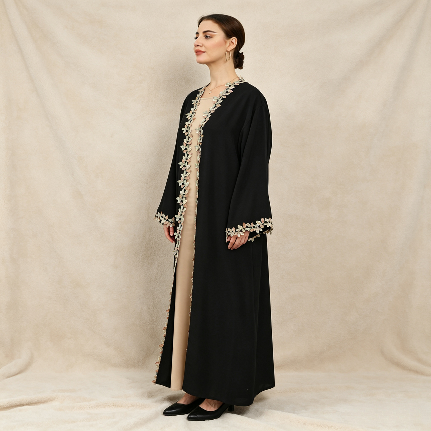 Embroidered 3-Piece Abaya Set - Outer Dress, Inner Dress & Hijab