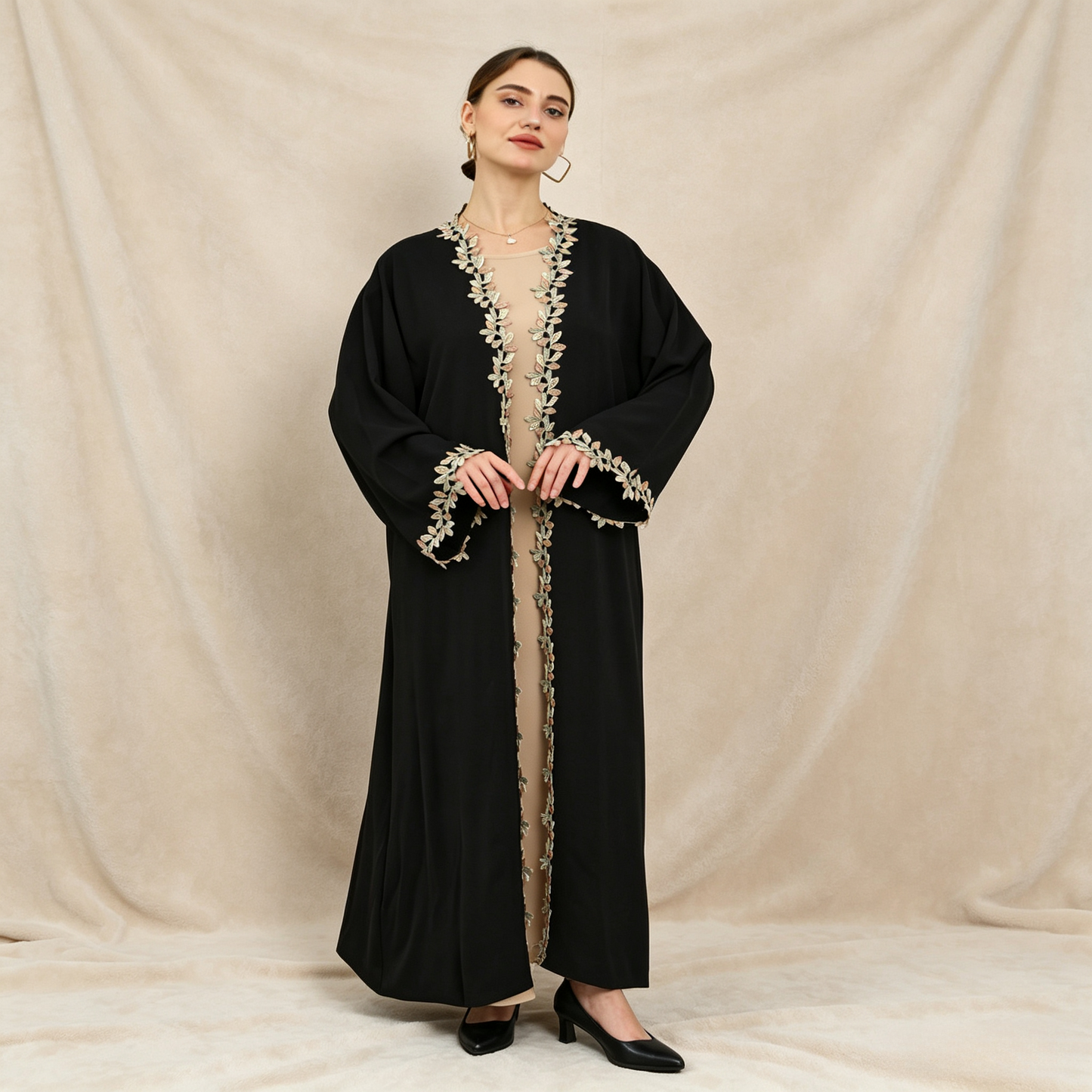 Embroidered 3-Piece Abaya Set - Outer Dress, Inner Dress & Hijab