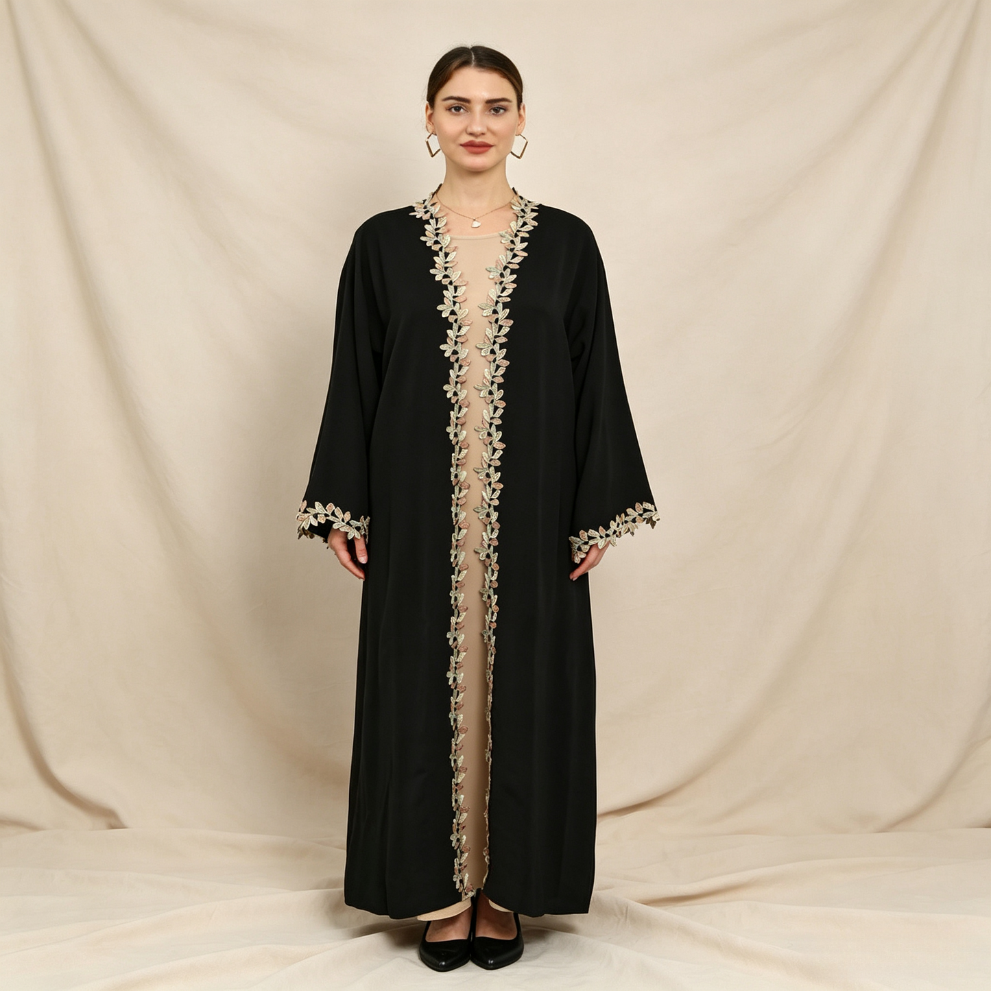 Embroidered 3-Piece Abaya Set - Outer Dress, Inner Dress & Hijab