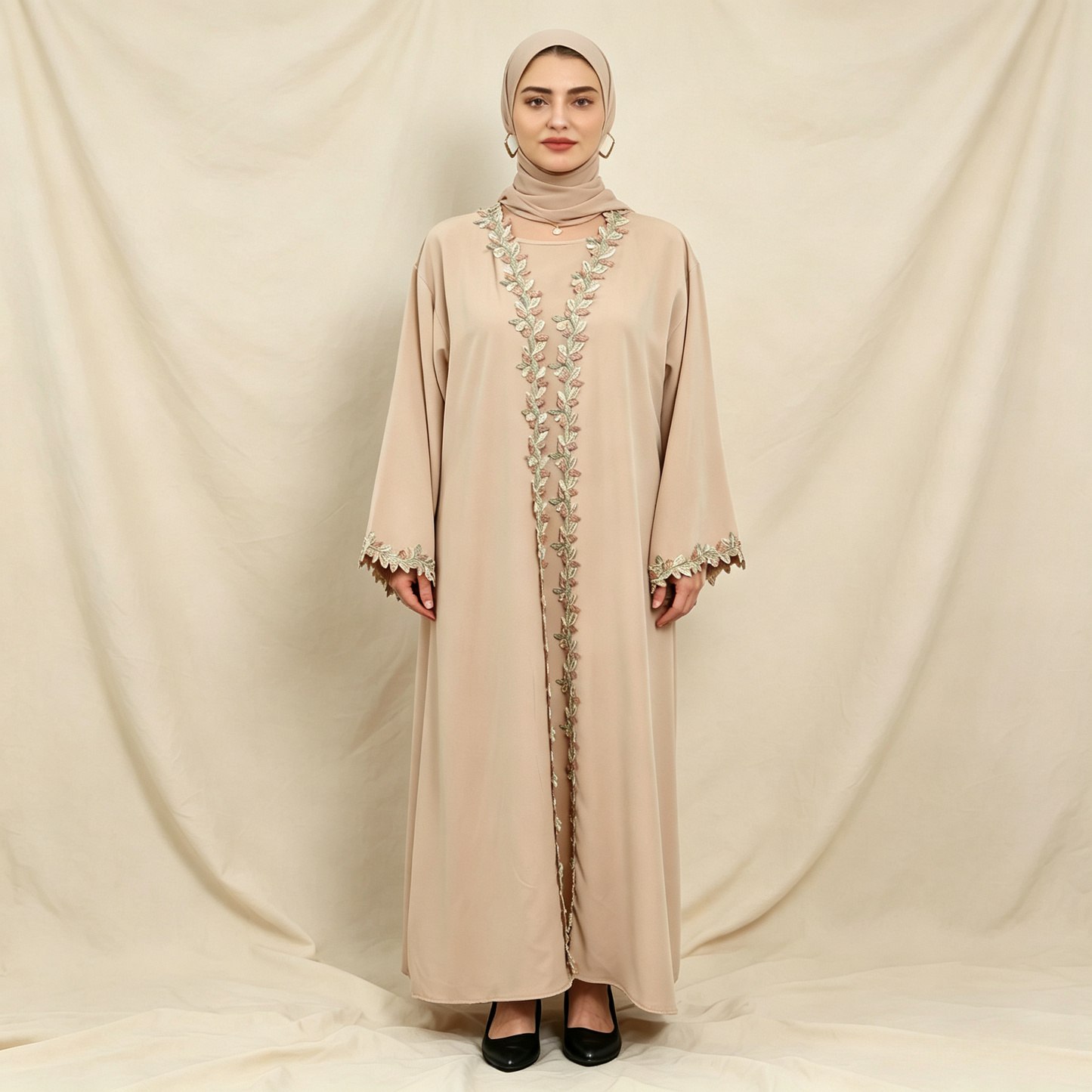 Embroidered 3-Piece Abaya Set - Outer Dress, Inner Dress & Hijab