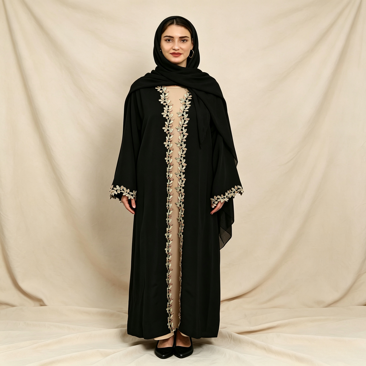Embroidered 3-Piece Abaya Set - Outer Dress, Inner Dress & Hijab