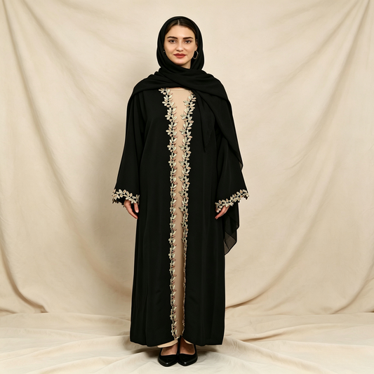 Embroidered 3-piece abaya set in black - outer dress, inner dress and matching hijab for full coverage