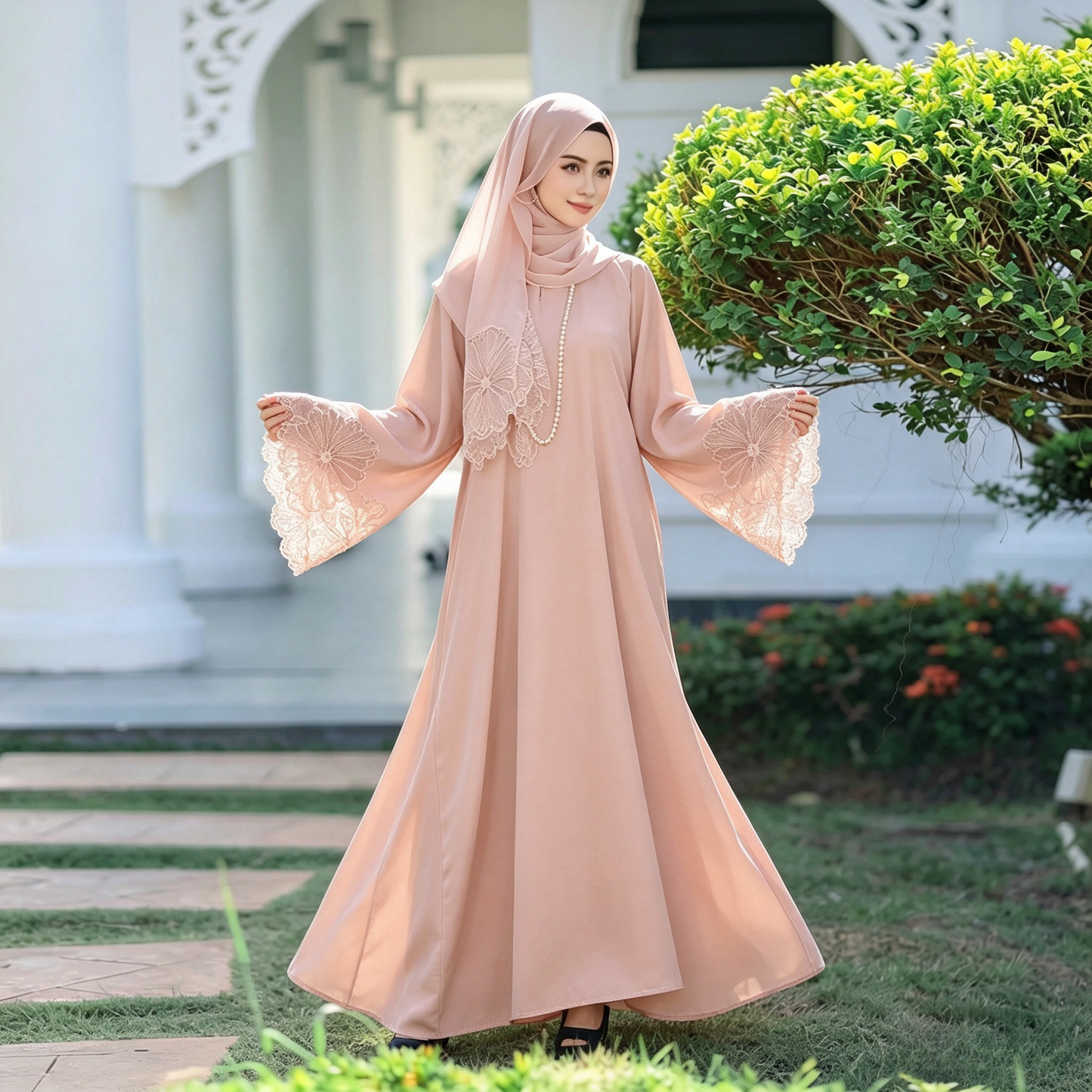 Lace Patchwork Abaya Dress with Hijab - Elegant Modest Maxi Gown