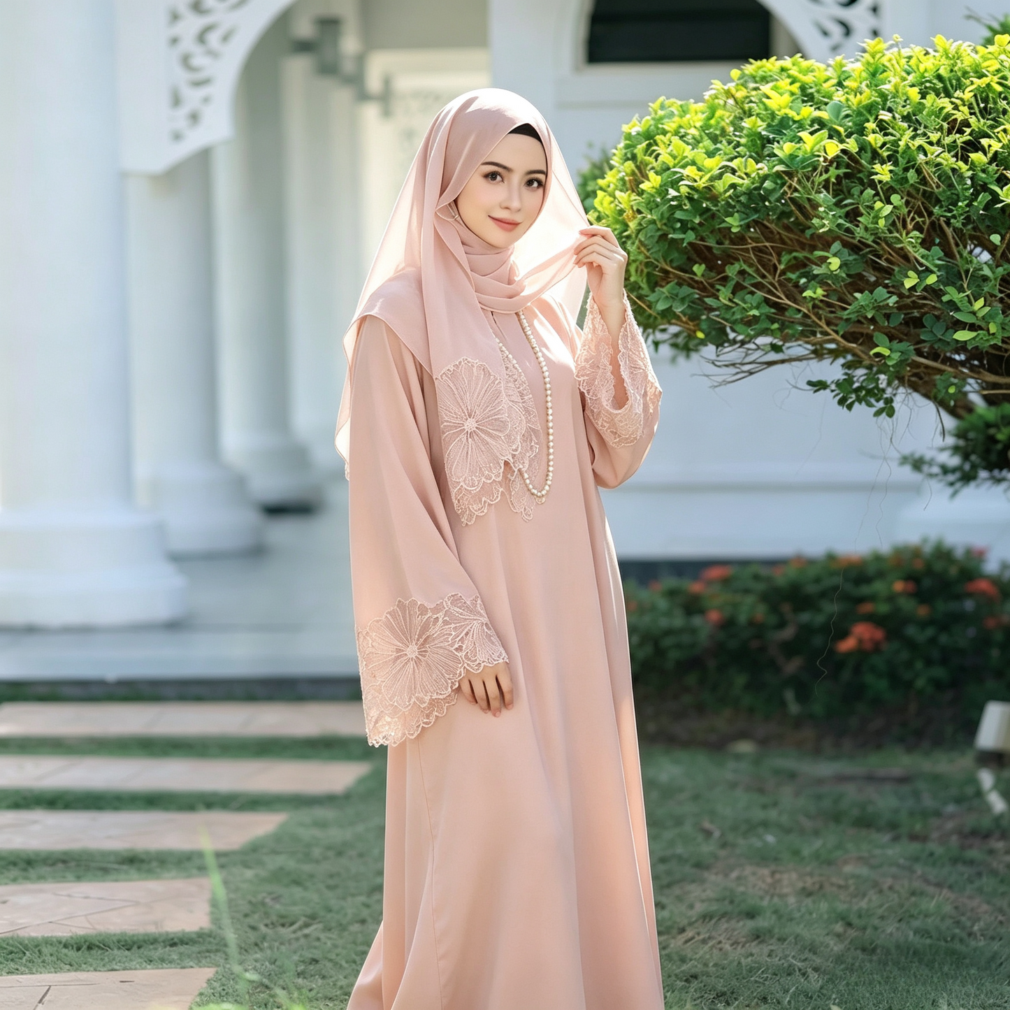 Lace Patchwork Abaya Dress with Hijab - Elegant Modest Maxi Gown