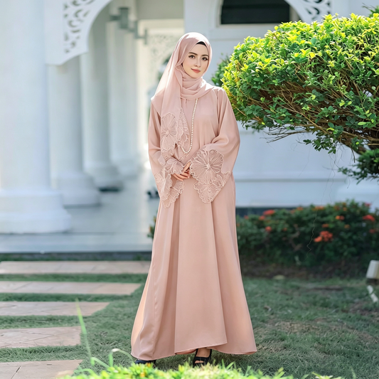 Lace Patchwork Abaya Dress with Hijab – Modest Stretch Maxi Gown - product image 1 of 17 | Lunar Elegance
