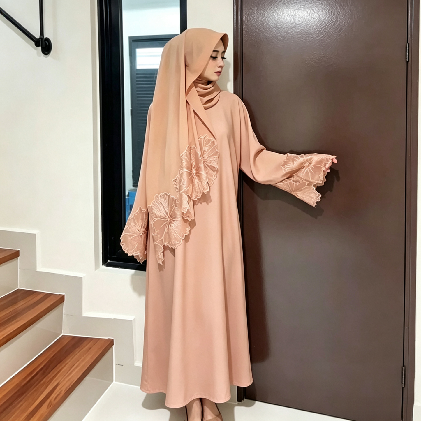 Lace Patchwork Abaya Dress with Hijab - Elegant Modest Maxi Gown
