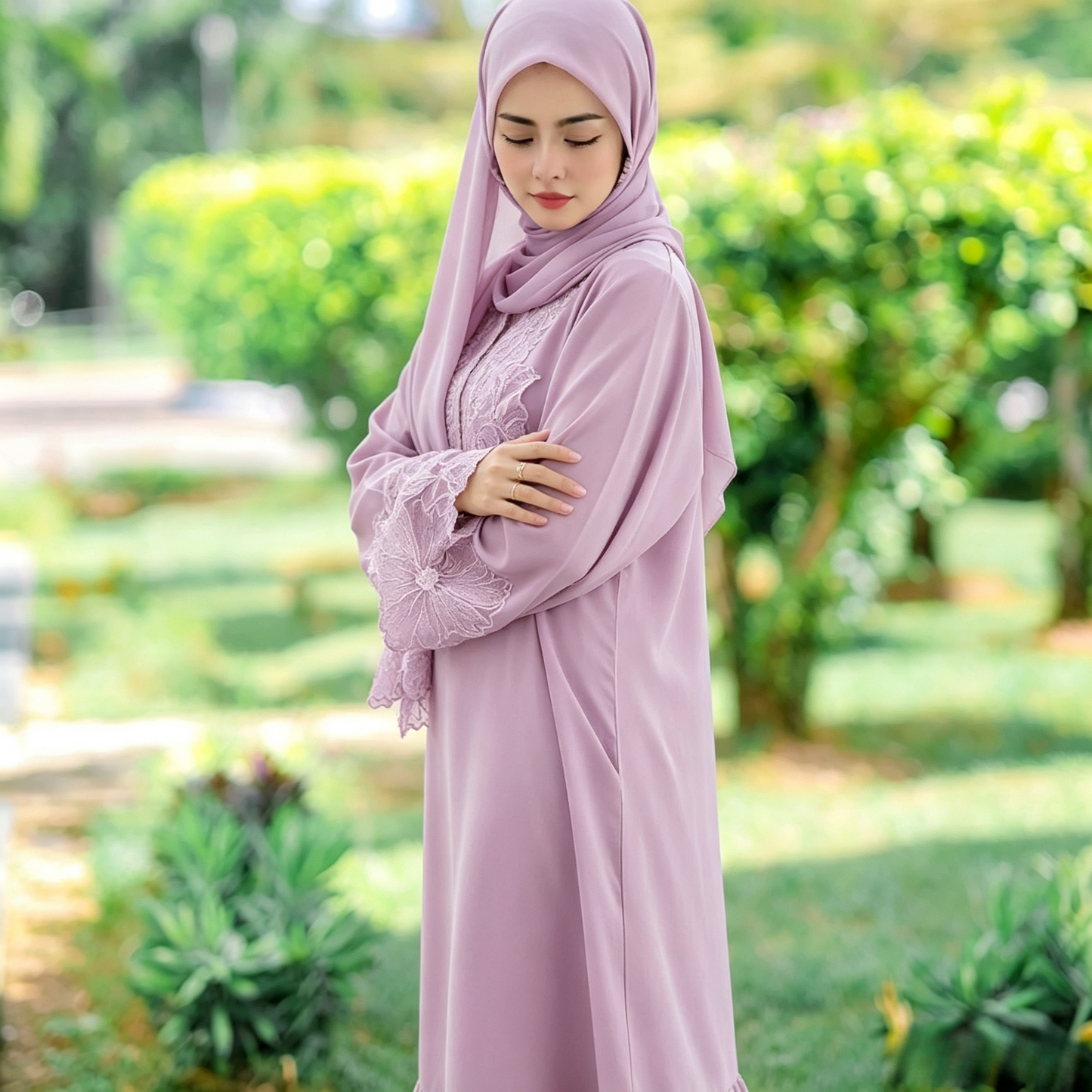 Lace Patchwork Abaya Dress with Hijab - Elegant Modest Maxi Gown