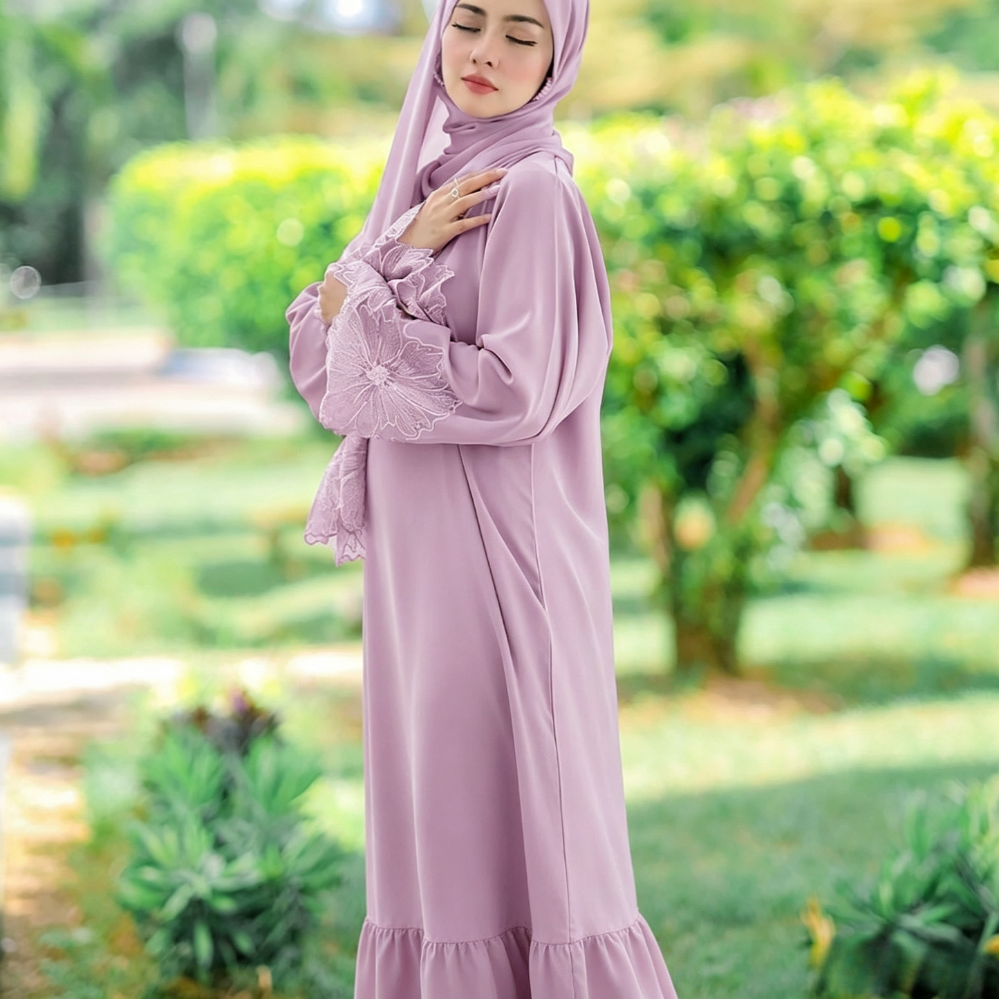 Lace Patchwork Abaya Dress with Hijab - Elegant Modest Maxi Gown