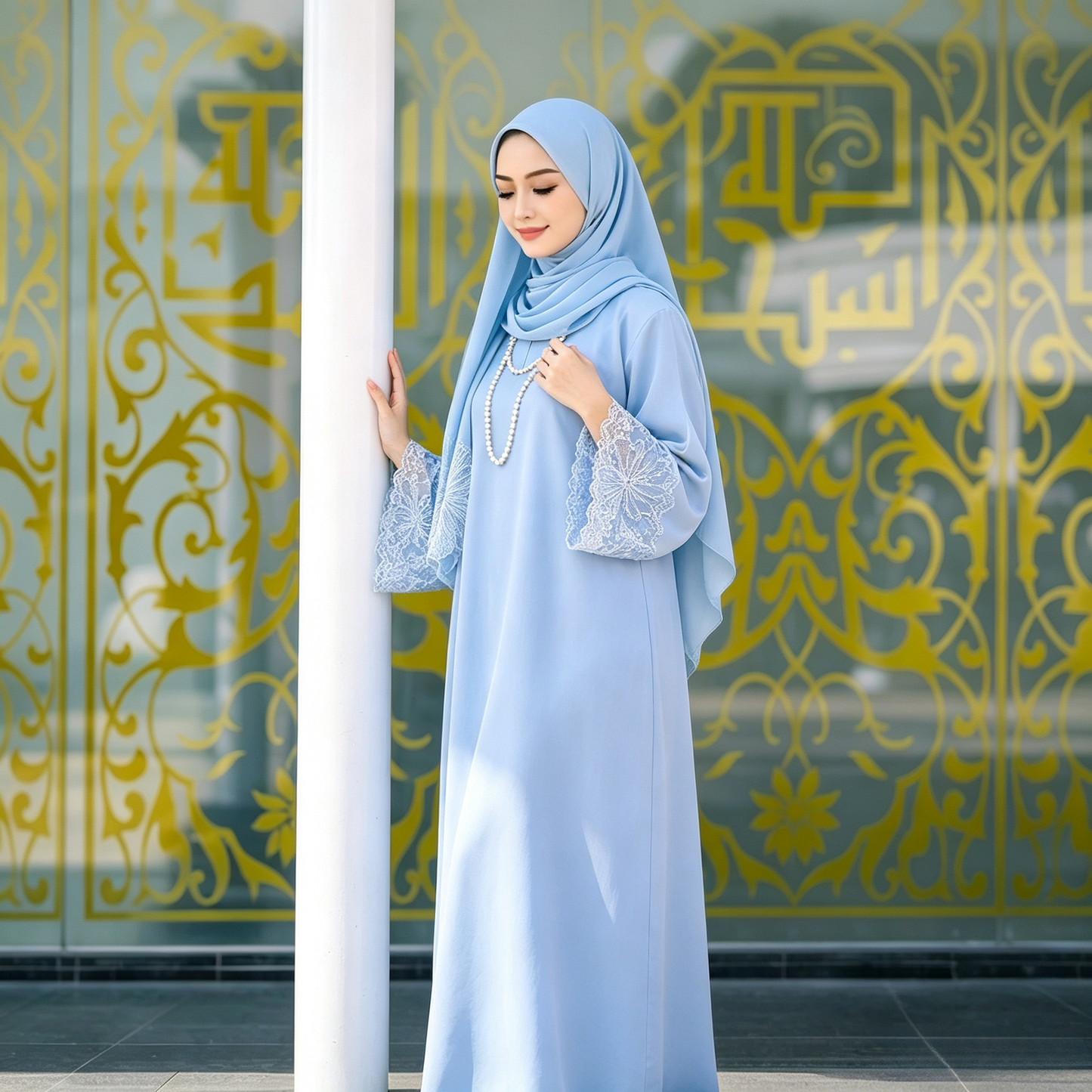 Lace Patchwork Abaya Dress with Hijab - Elegant Modest Maxi Gown