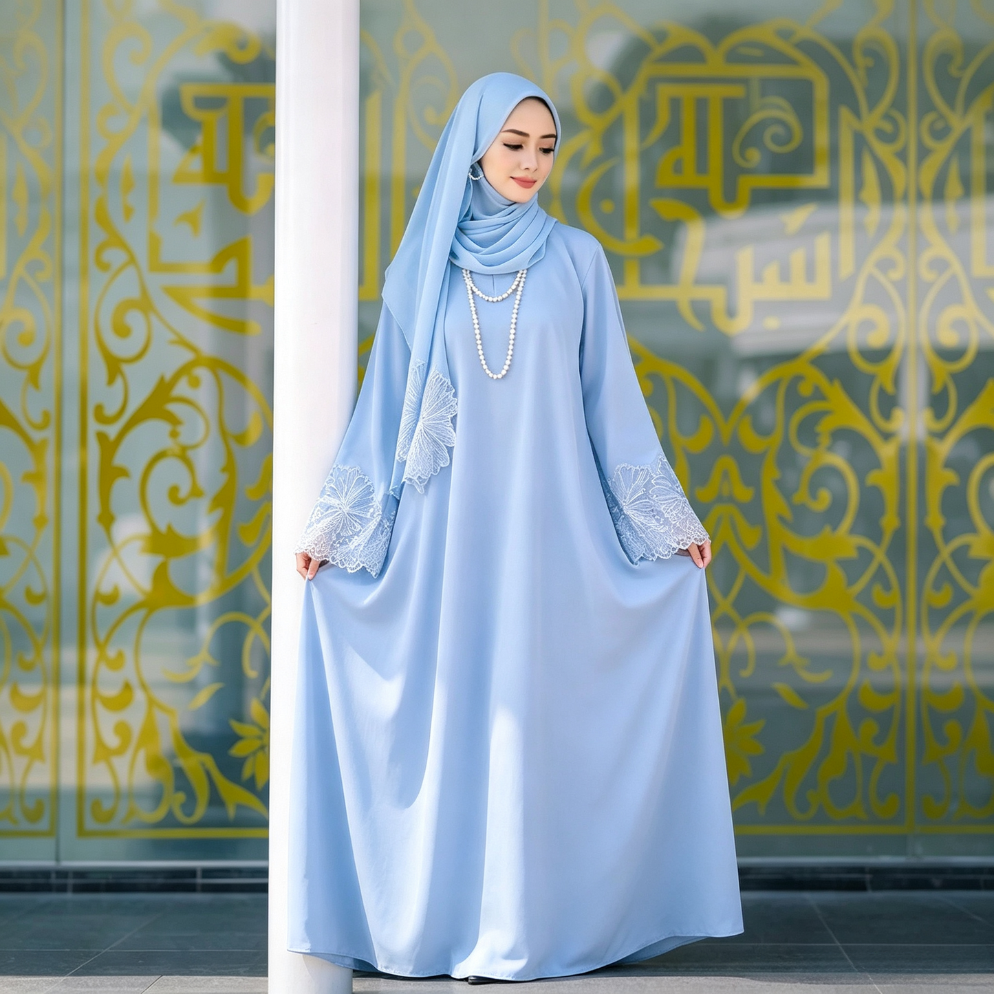 Lace Patchwork Abaya Dress with Hijab - Elegant Modest Maxi Gown