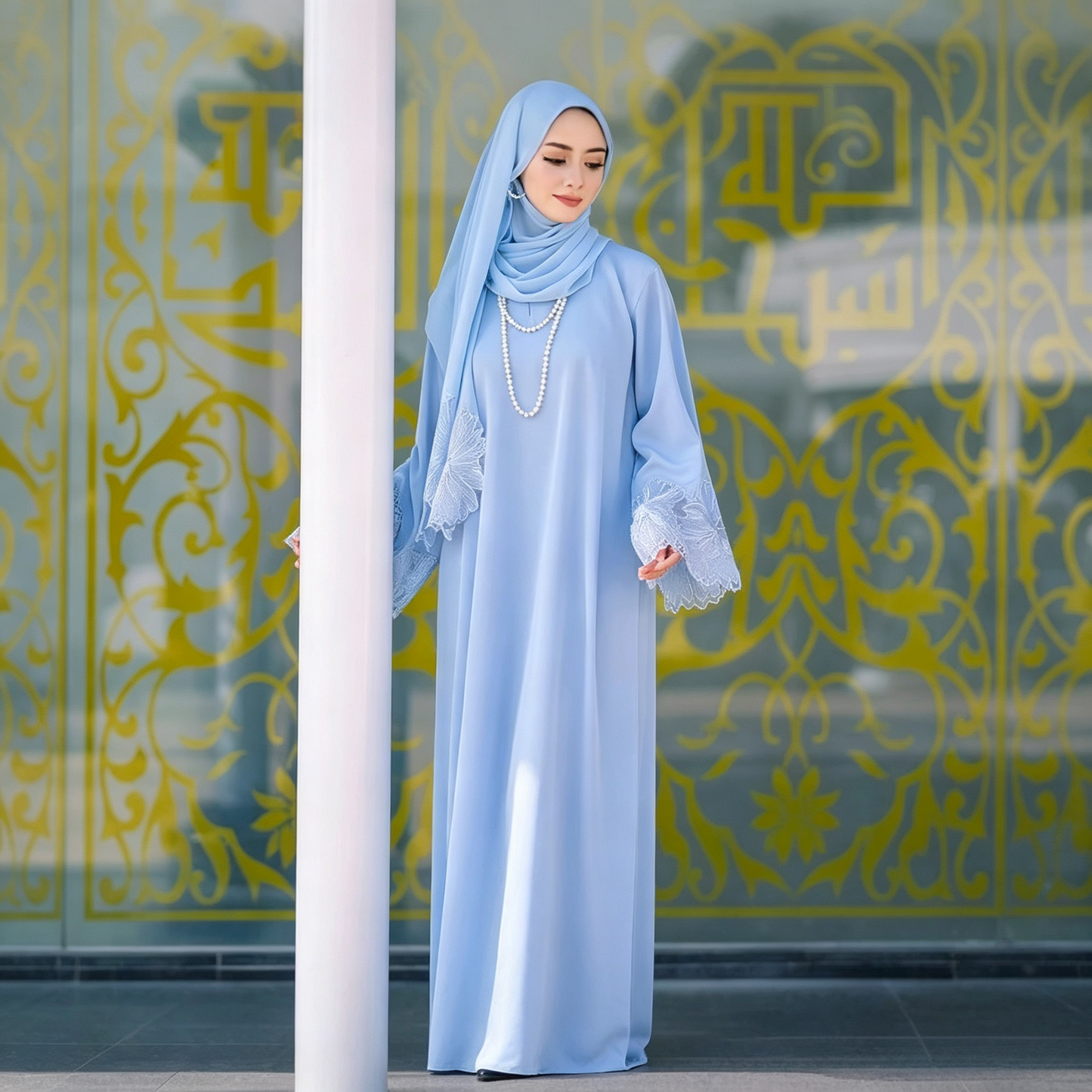 Lace Patchwork Abaya Dress with Hijab - Elegant Modest Maxi Gown