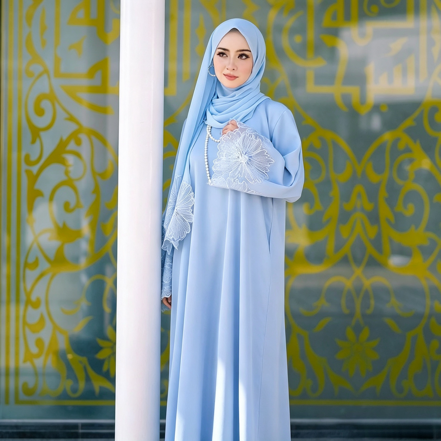 Lace Patchwork Abaya Dress with Hijab - Elegant Modest Maxi Gown