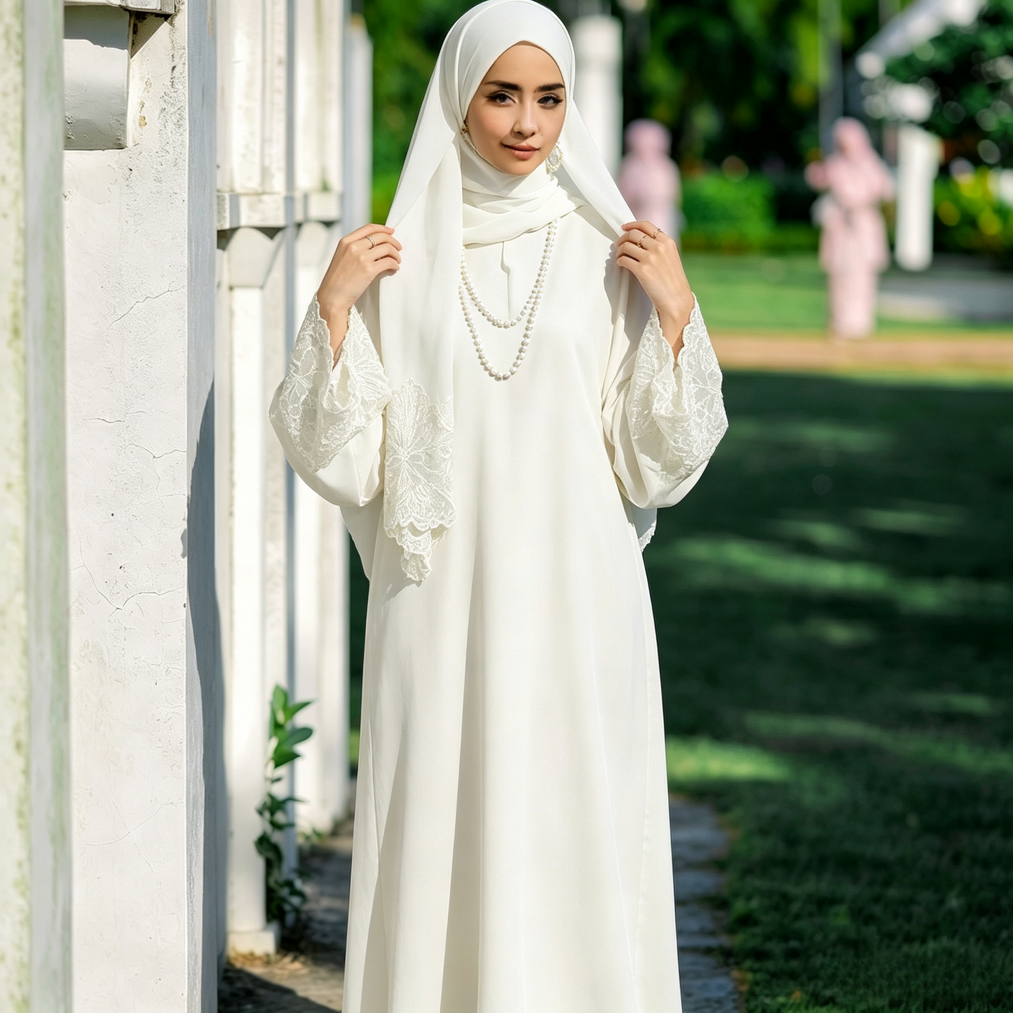Lace Patchwork Abaya Dress with Hijab - Elegant Modest Maxi Gown