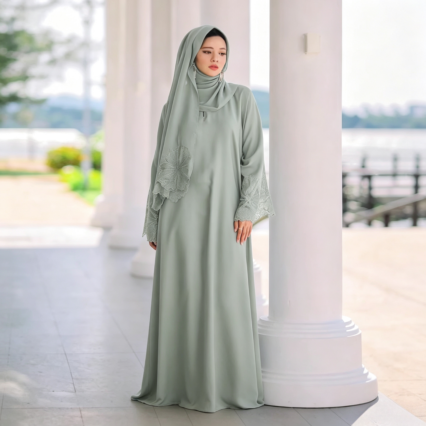 Lace Patchwork Abaya Dress with Hijab - Elegant Modest Maxi Gown