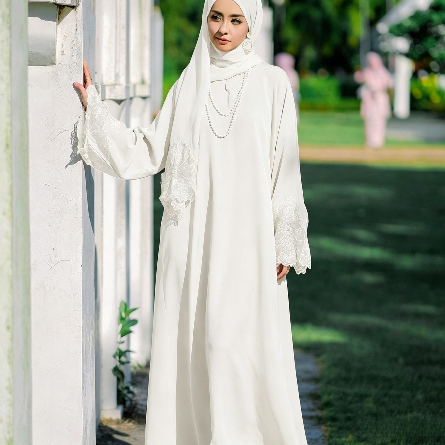 Lace Patchwork Abaya Dress with Hijab - Elegant Modest Maxi Gown