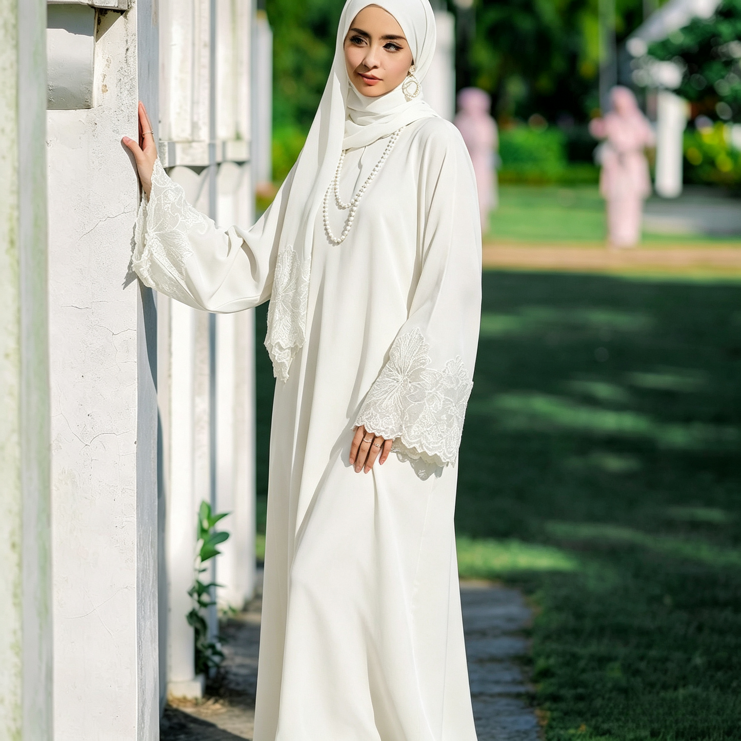 Lace Patchwork Abaya Dress with Hijab - Elegant Modest Maxi Gown