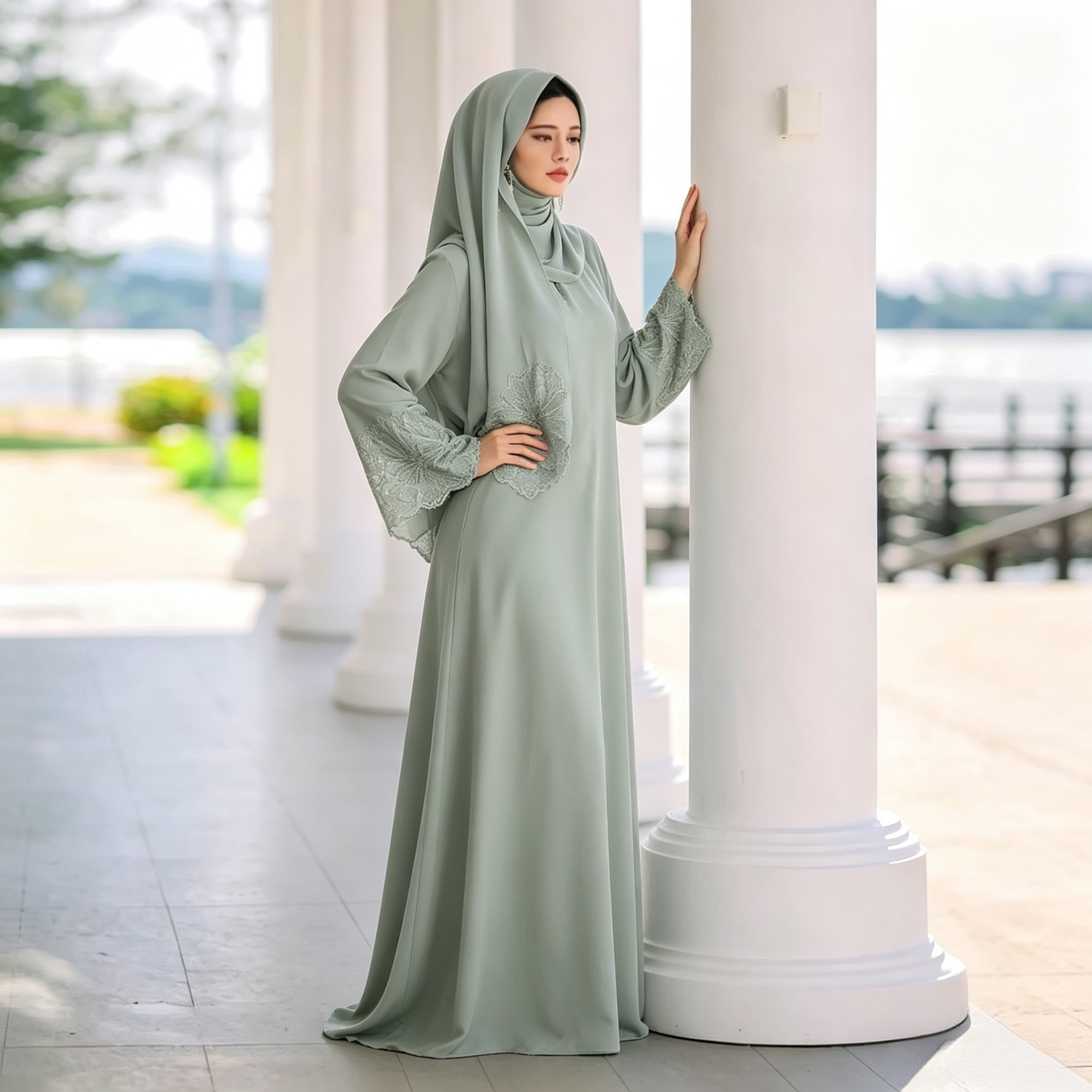Lace Patchwork Abaya Dress with Hijab - Elegant Modest Maxi Gown