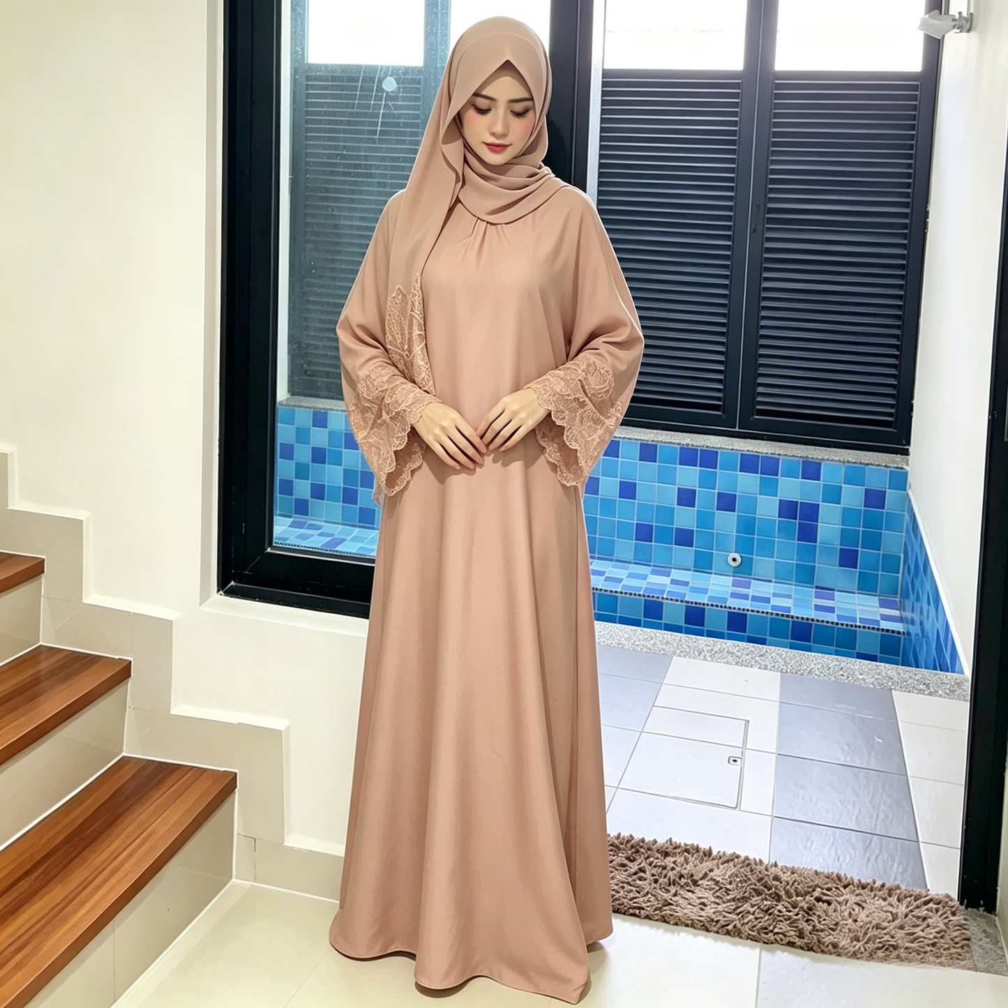 Lace Patchwork Abaya Dress with Hijab - Elegant Modest Maxi Gown