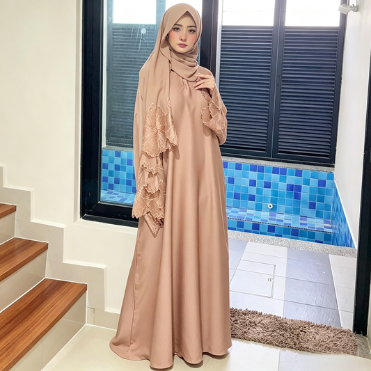 Lace patchwork abaya dress with matching hijab in white - elegant modest maxi gown for women