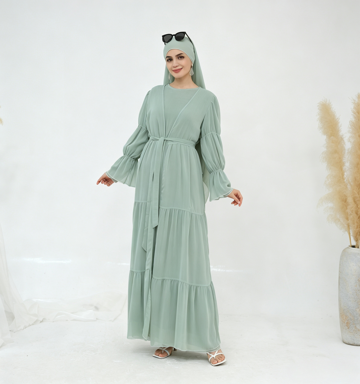 Crinkle Chiffon 3-Piece Abaya Set with Hijab & Belt