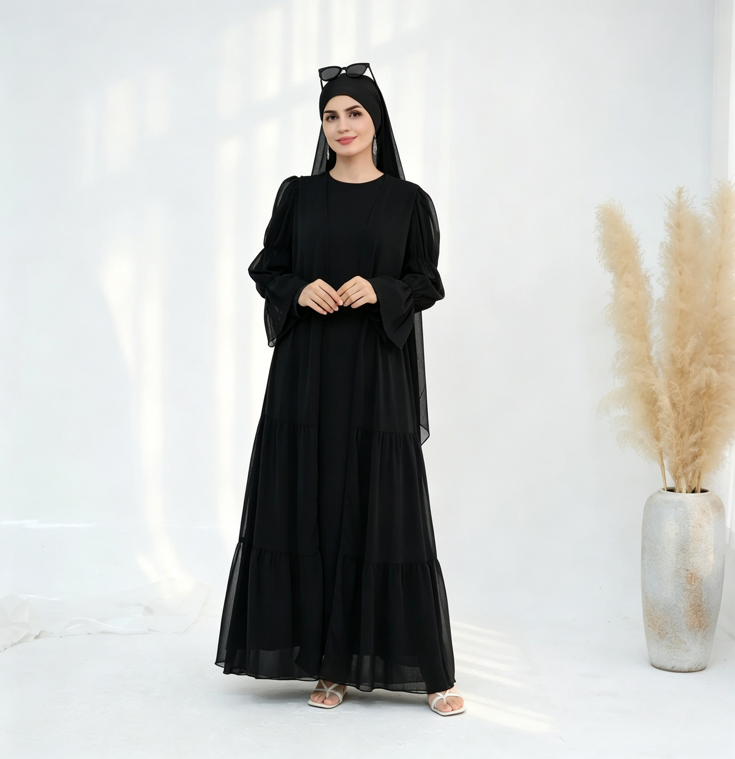 Crinkle Chiffon 3-Piece Abaya Set with Hijab & Belt