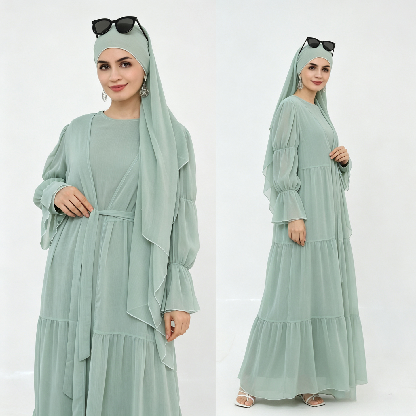 Crinkle Chiffon 3-Piece Abaya Set with Hijab & Belt