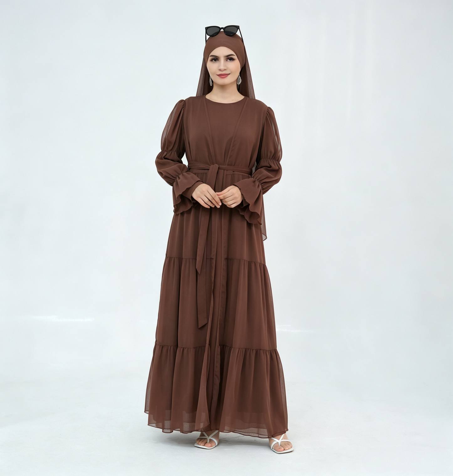 Crinkle Chiffon 3-Piece Abaya Set with Hijab & Belt