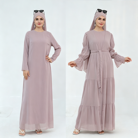 Crinkle Chiffon 3-Piece Abaya Set with Hijab & Belt - product image 1 of 24 | Lunar Elegance