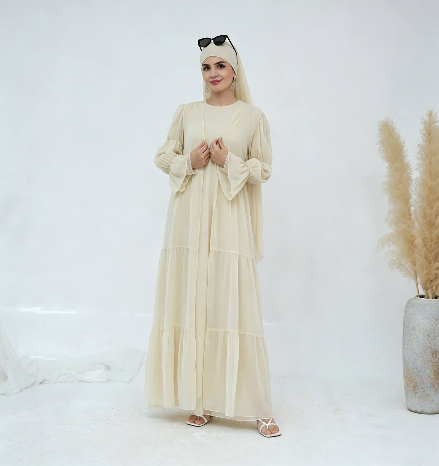 Crinkle Chiffon 3-Piece Abaya Set with Hijab & Belt